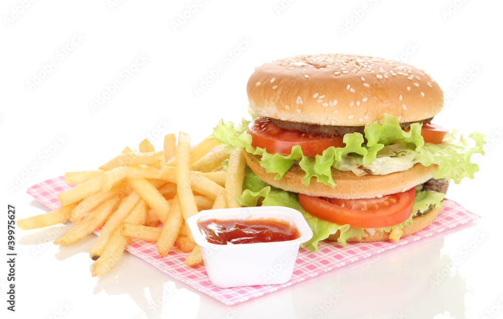 Big and tasty hamburger and fried potatoes isolated on white Big and tasty hamburger and fried potatoes isolated on white
