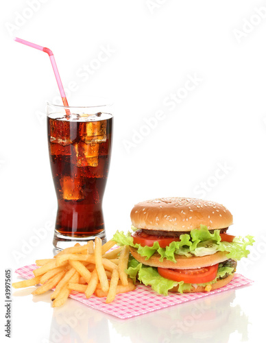 Big and tasty hamburger and fried potatoes with cola isolated