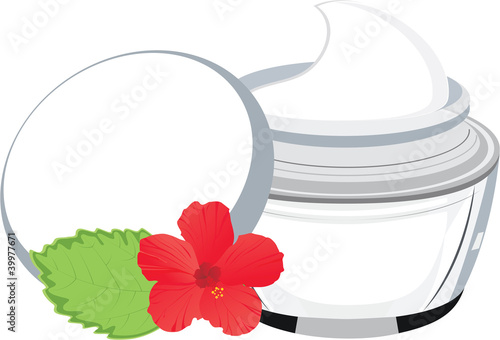 vector jar with cream, hibiscus and  leaf