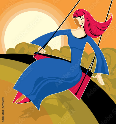 Girl with bright red hair, riding on swing with a good mood.