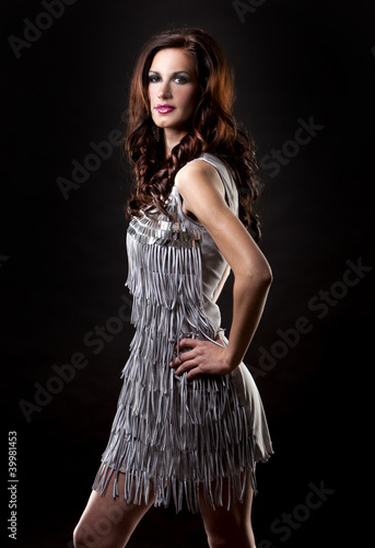 brunette and silver dress