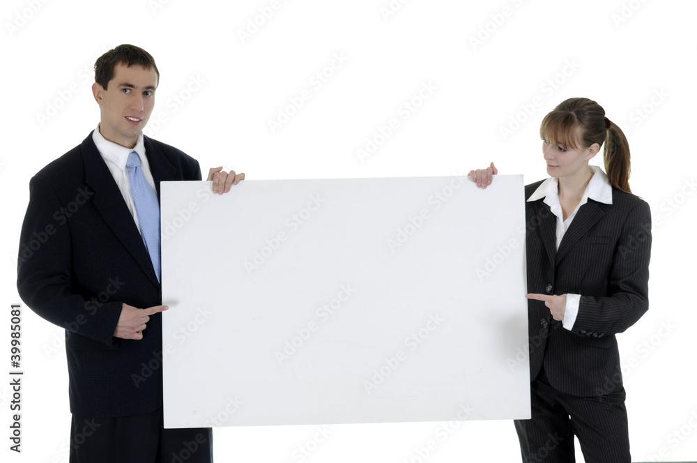 The businessman and the businesswoman hold a clean sheet The businessman and the businesswoman hold a clean sheet