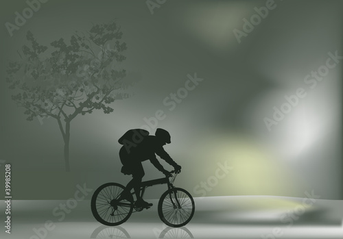 cyclist silhouette in mist landscape
