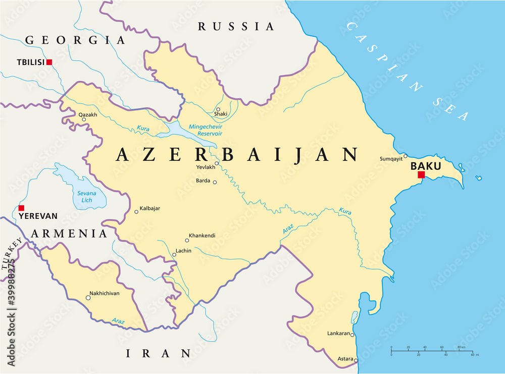 Naklejka Azerbaijan political map with capital Baku, national borders, most important cities, rivers and lakes. English labeling and scaling. Illustration. Vector.