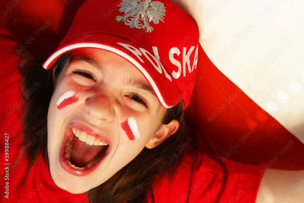 Polish girl, supporter with a flag - obrazy, fototapety, plakaty 
