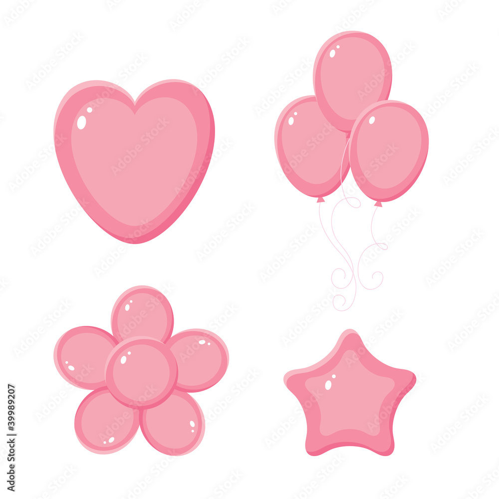 Pink shiny balloons, heart, flower and star