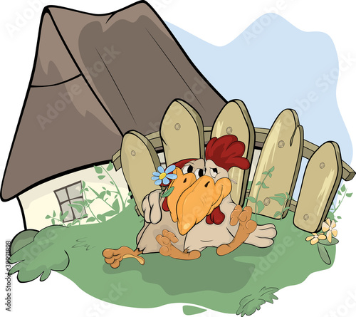 About a hen and a cock.Family. Cartoon