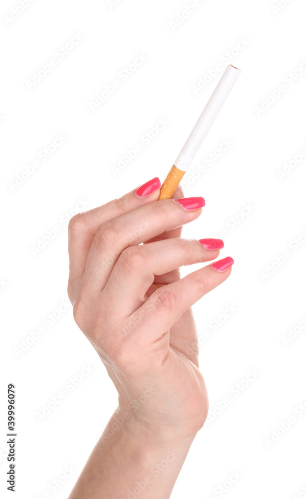 Cigarette in female hand isolateed on white Cigarette in female hand isolateed on white