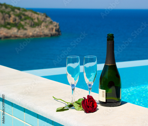 Romantic picnic near infinity pool in luxury mediterranean resor photo