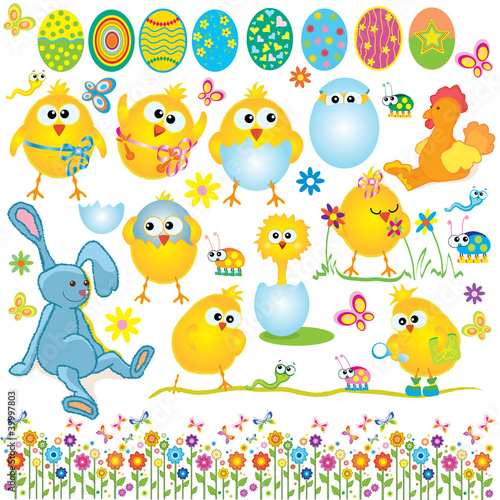 Easter set, cute chickens, rabbit, cock, egg