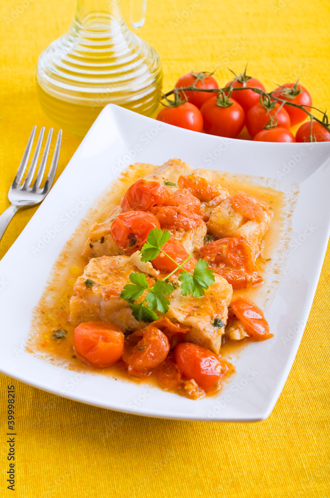 Fish and cherry tomatoes. Pesce con pomodorini. Fish and cherry tomatoes. Pesce con pomodorini.