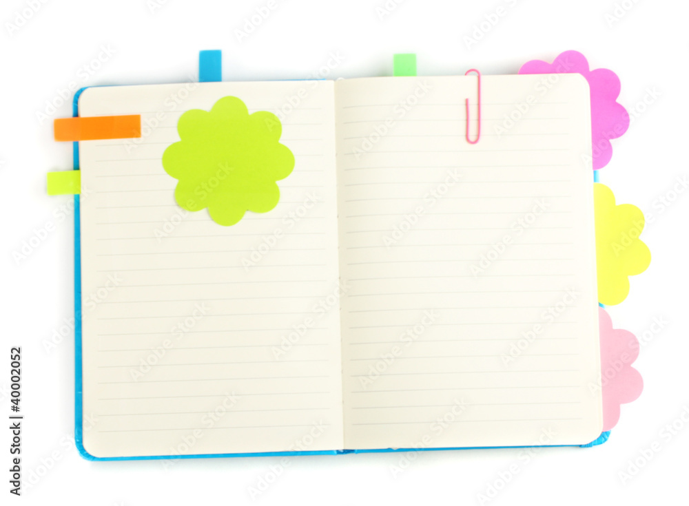 Open note book with stickies isolated on white Open note book with stickies isolated on white