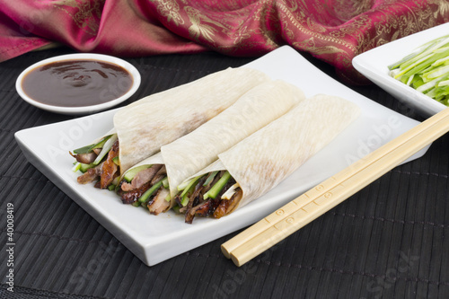 Peking Duck Wraps with spring onion, cucumber & hoisin sauce photo