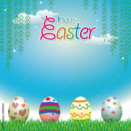 Easter eggs greeting cards with Leaves  sky background