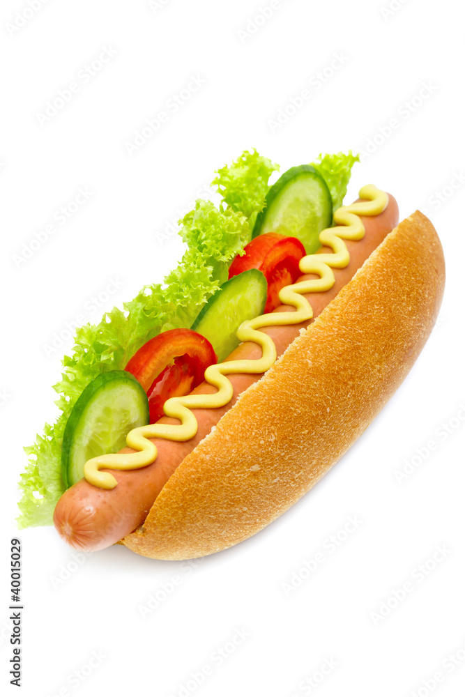 hot dog with cucumbers, tomatoes, lettuce, and mustard on white