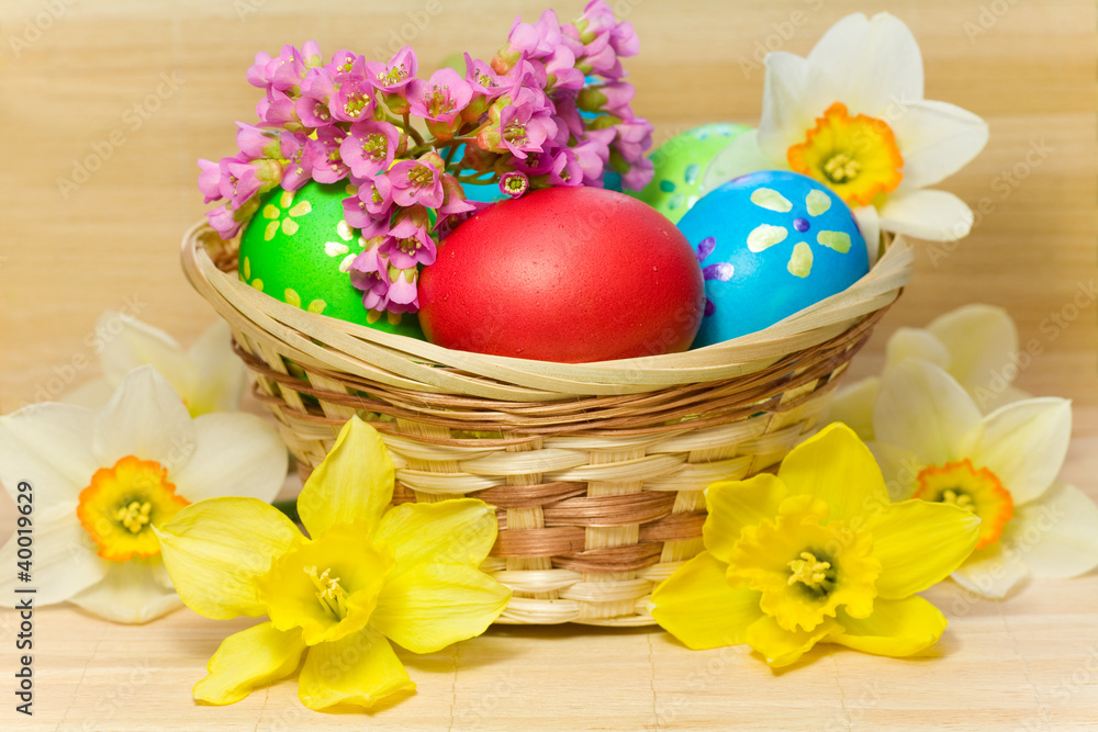 Colored  eggs in basket