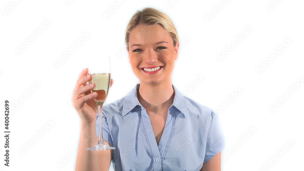 Blonde woman drinking white wine