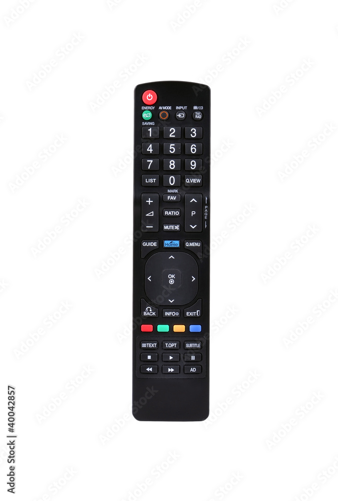 Remote control for TV set on white background Remote control for TV set on white background