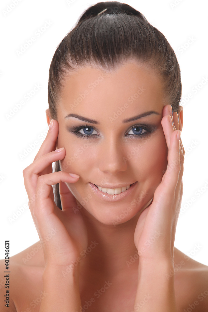 portrait of beautiful smiling brunette on white background