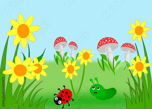 Flowers, mushrooms, a ladybug and a caterpillar.