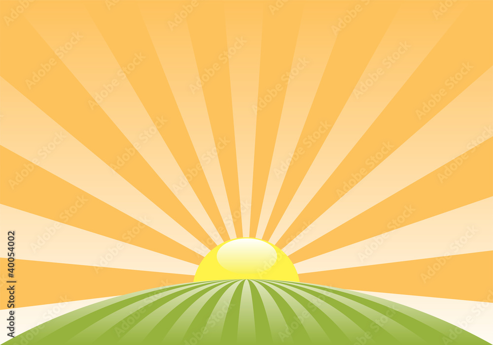 vector abstract rural landscape with rising sun