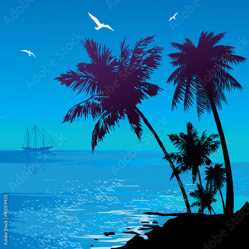 Silhouette of the jungle on the ocean background.