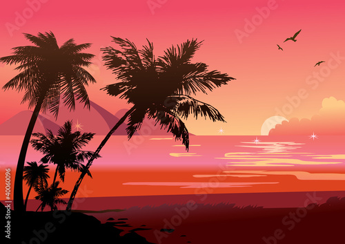 Silhouette of the jungle on the ocean background.