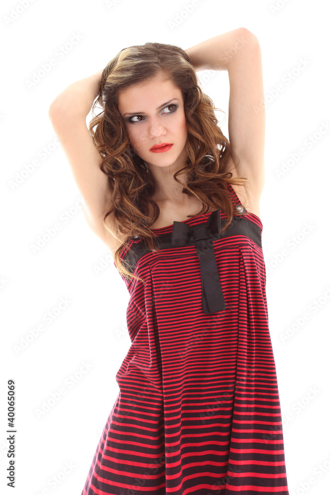 model in red dress dreaming over white background model in red dress dreaming over white background