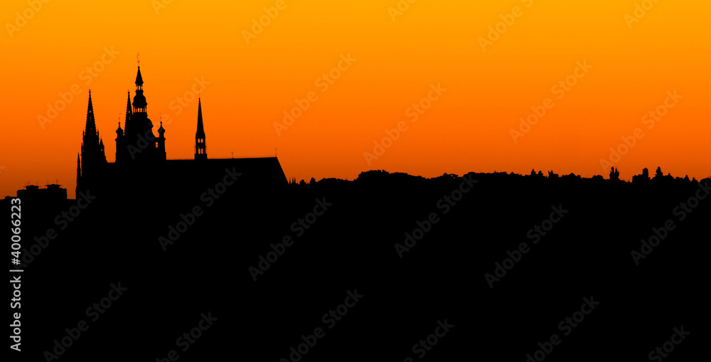 Prague cathedral at sunset in panoramic silhouette