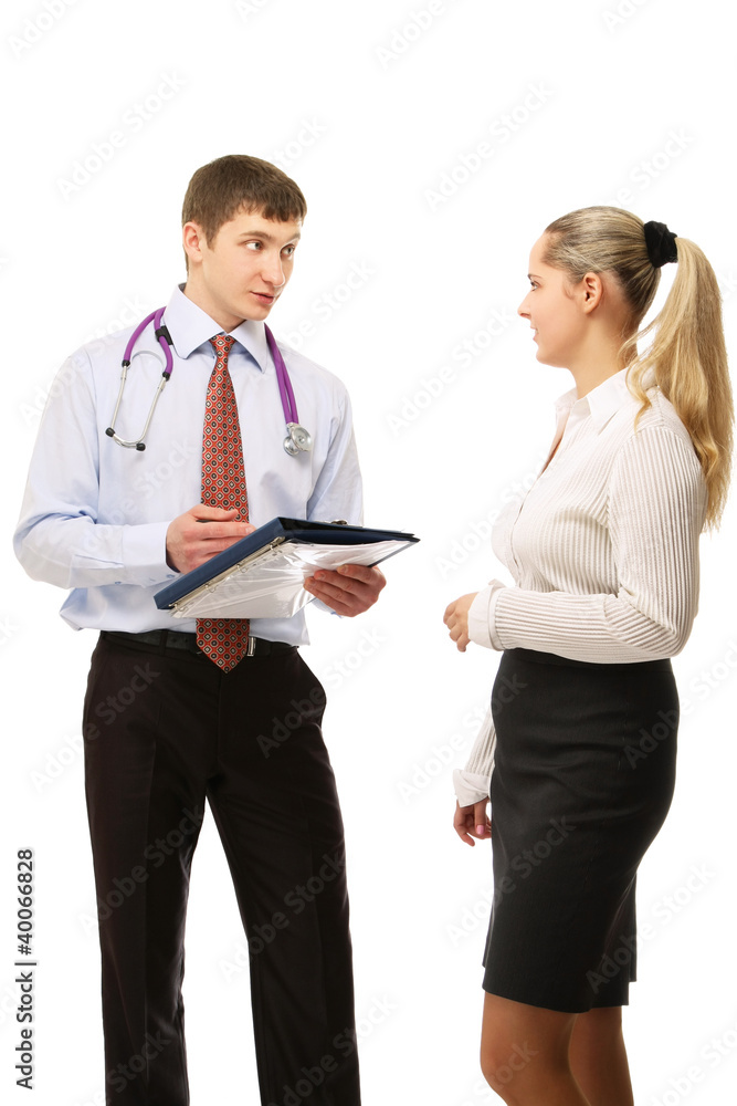 Doctor with folder and patient, isolated on white background