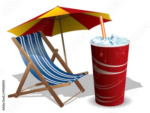 Beach chair with umbrella and drink