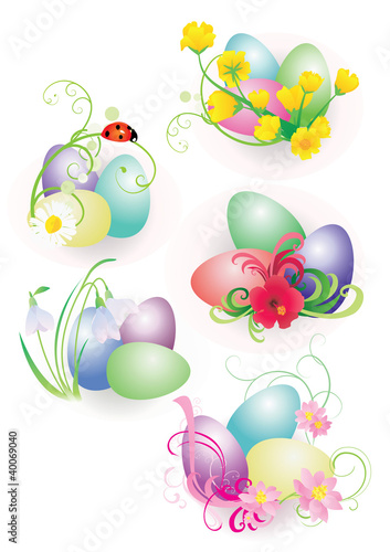 color easter eggs with flowers and ladybird set isolated on whit