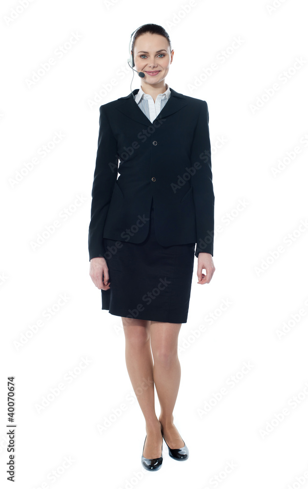 Telemarketing girl posing in headsets, smiling Telemarketing girl posing in headsets, smiling