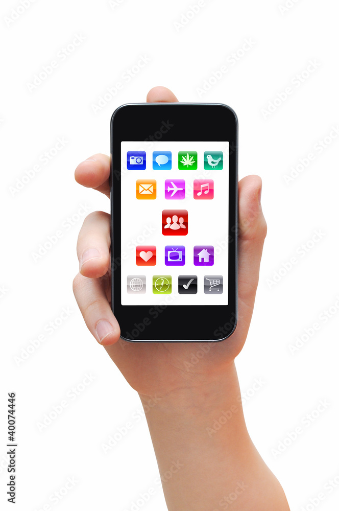 Hand holding smartphone with applications icons Hand holding smartphone with applications icons
