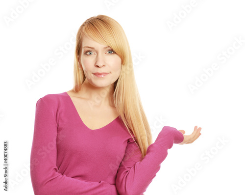 Wallpaper Mural A woman showing with her hand, isolated on white Torontodigital.ca