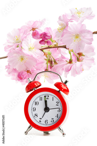 Arrival of spring concept: clock and sakura flowers