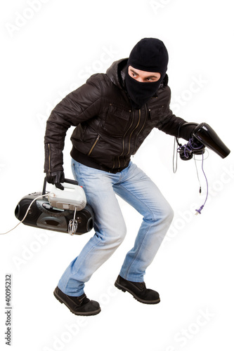 Thief with goods, isolated on white