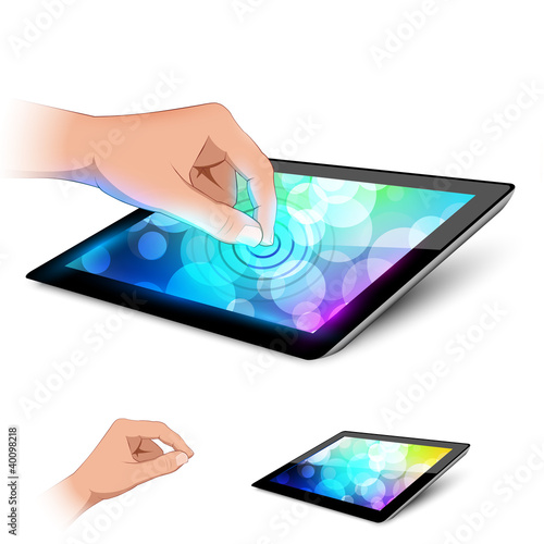 Man hand is touching tablet pc to make gesture. Variant on white