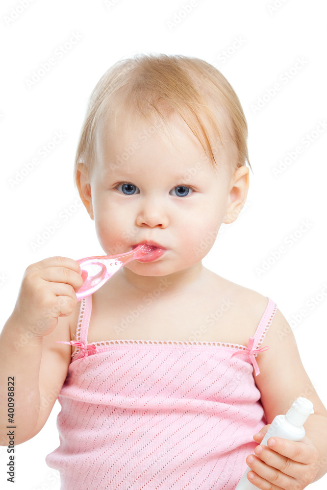 baby cleaning teeth and smiling, isolated on white background baby cleaning teeth and smiling, isolated on white background