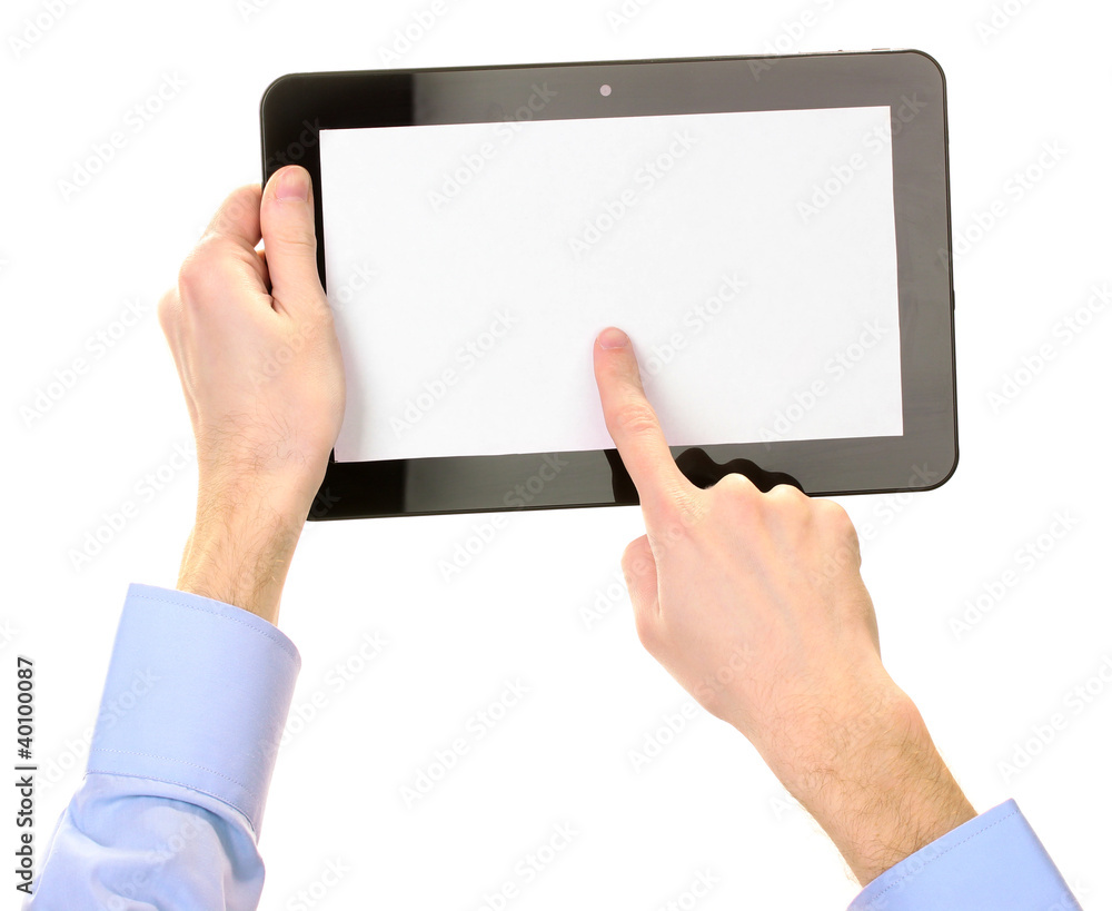 male hands holding a tablet isolated on white