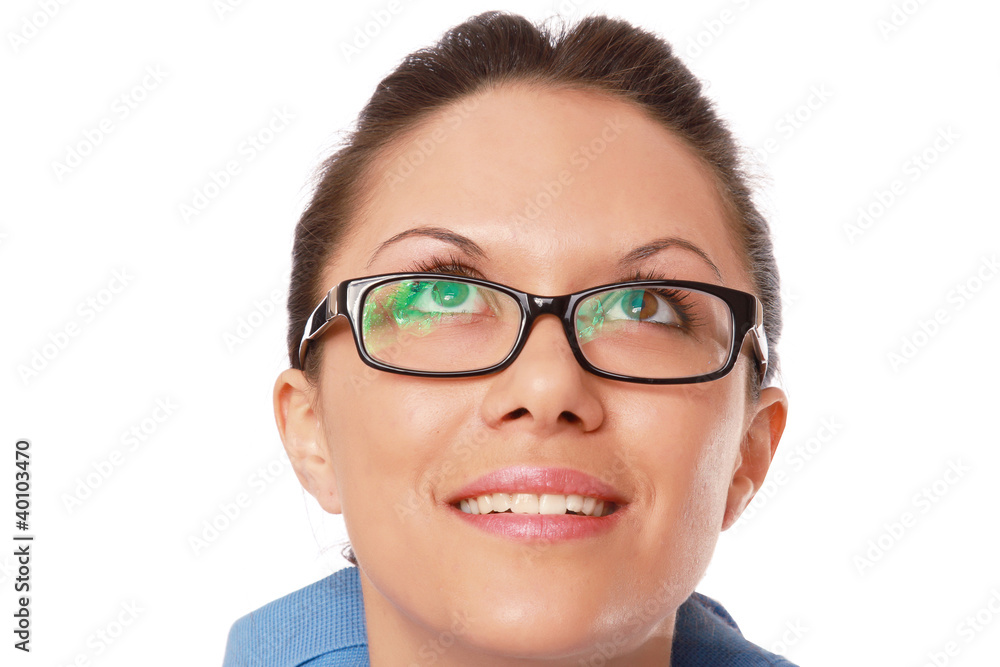 Closeup of a young woman wearing glasses, looking up Closeup of a young woman wearing glasses, looking up