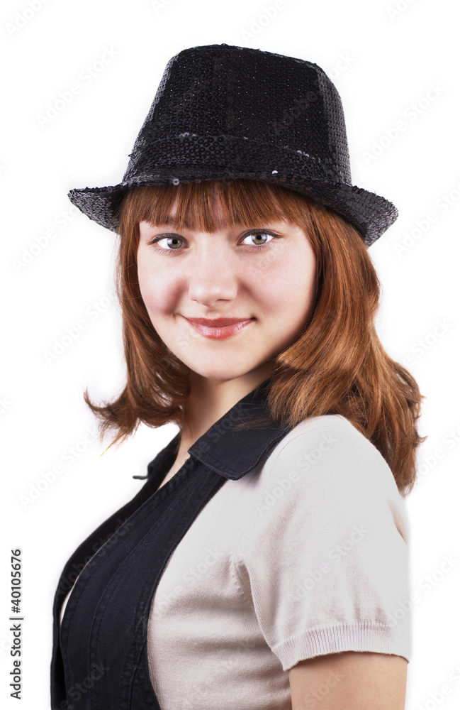 Young beautiful caucasian woman in black cap on white Young beautiful caucasian woman in black cap on white