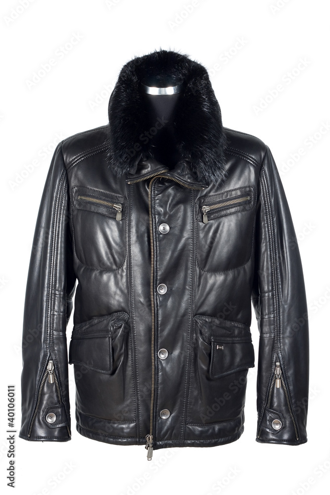Man`s black leather jacket with fur, isolated Man`s black leather jacket with fur, isolated