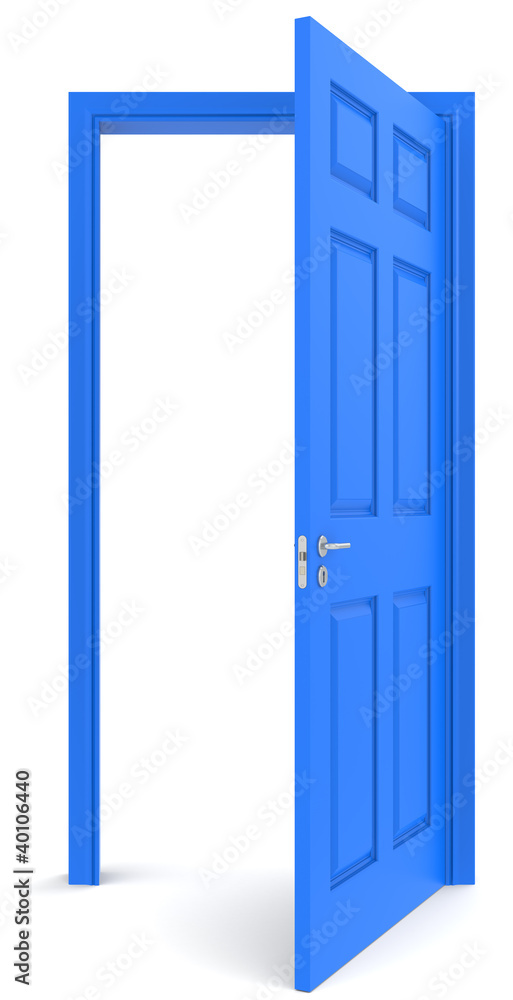 The door. Open Blue door. White background. Copy space. The door. Open Blue door. White background. Copy space.