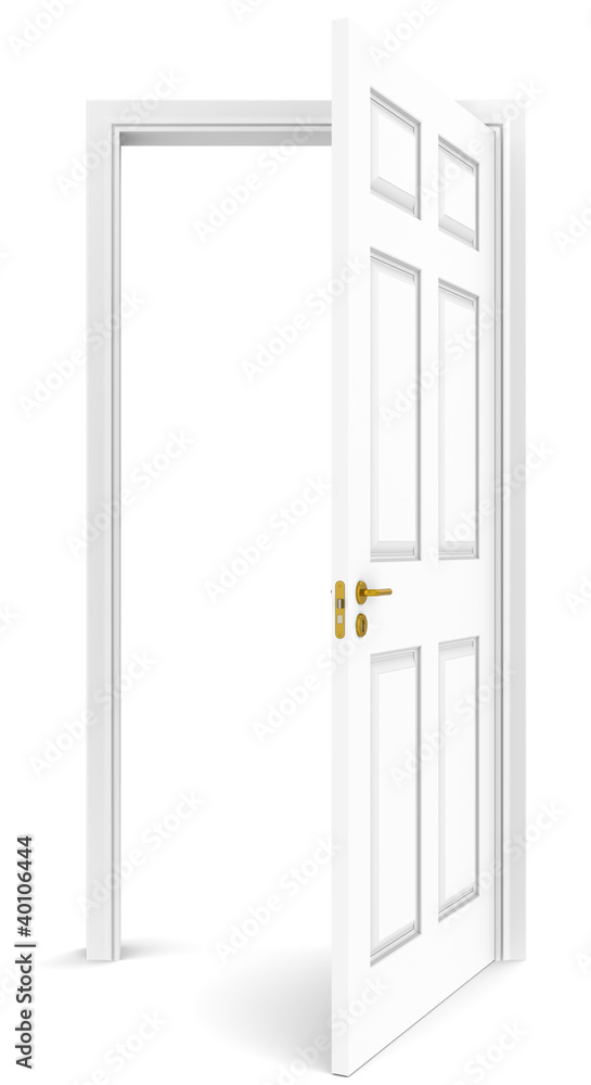 The door. Open white door. White background. Copy space. The door. Open white door. White background. Copy space.