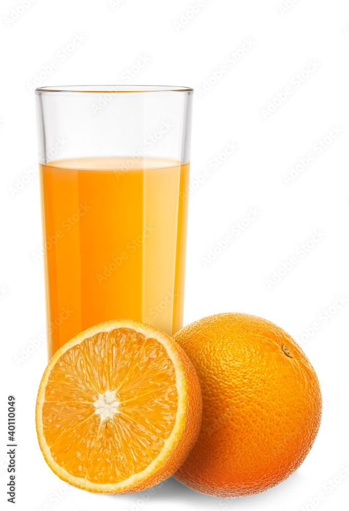 Orange juice and slices of orange isolated on white Orange juice and slices of orange isolated on white