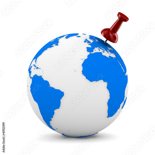 Red thumbtack on globe. Iso...