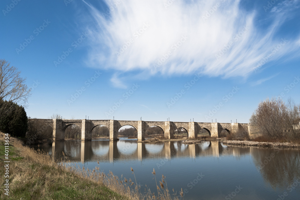 Medieval stone bridge with River, Spain