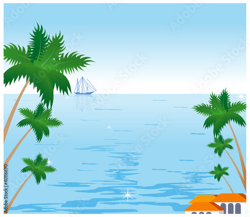 Coconut palm tree and sailboat on tropical beach © zzve