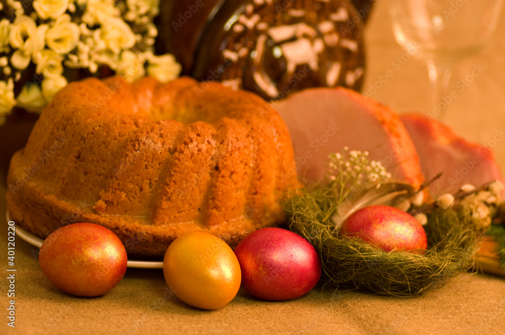 Easter cake and pork loin dish with easter eggs Easter cake and pork loin dish with easter eggs